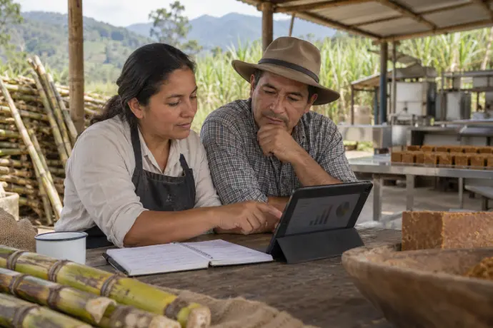 Ilustración de agricultores consultando registros de producción en una tableta.