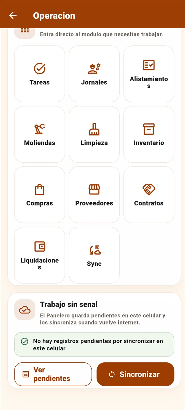 Centro de operación de El Panelero con accesos a los módulos de la finca