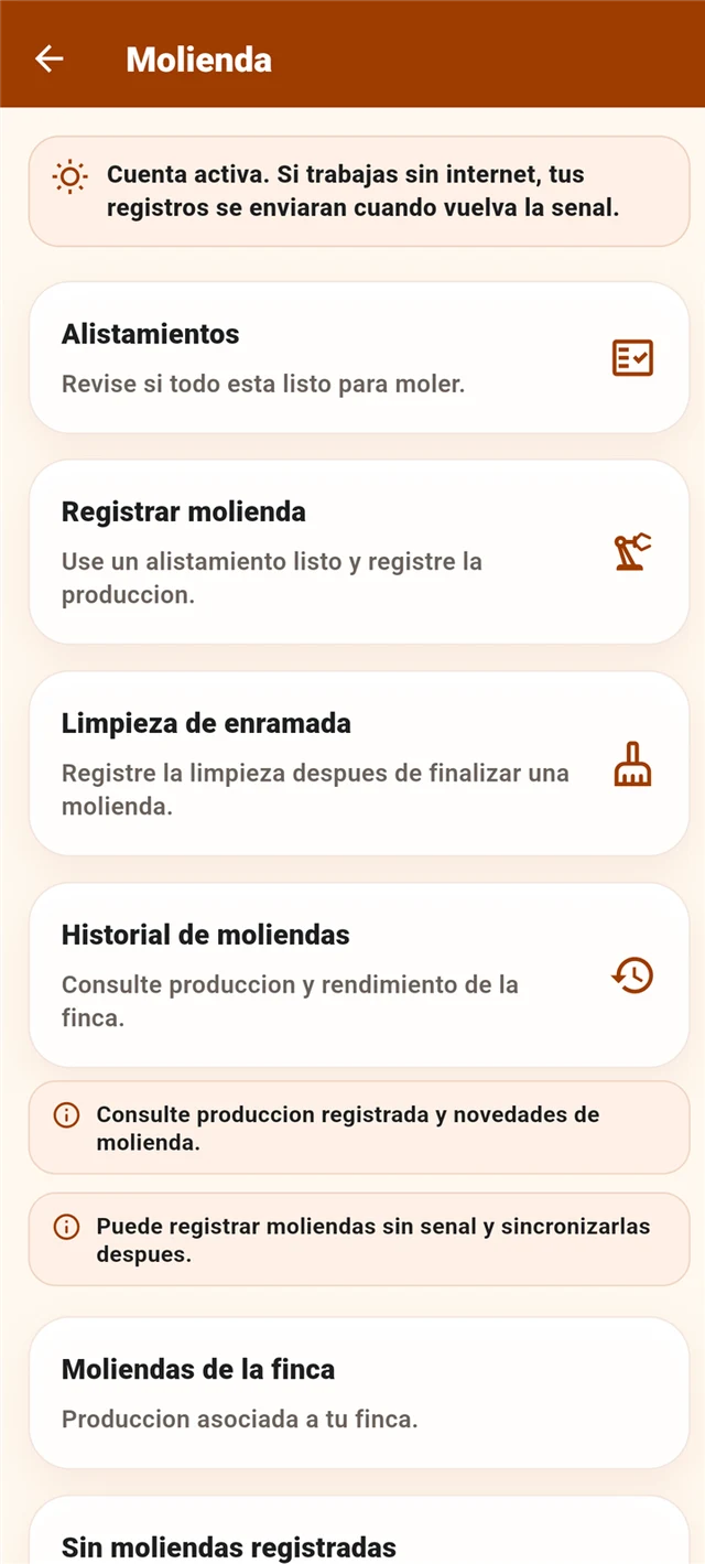 Módulo de molienda de El Panelero con registro e historial