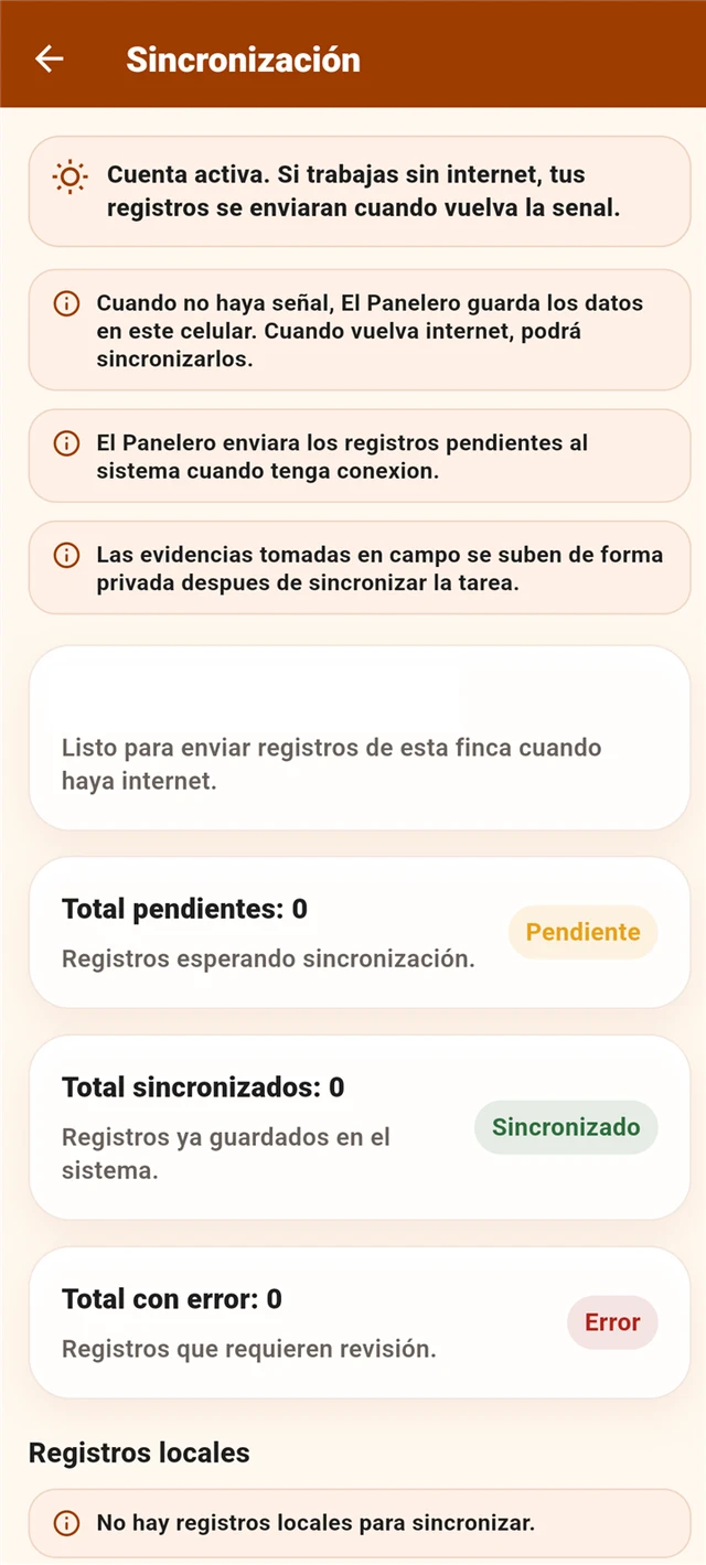 Pantalla de sincronización de El Panelero con estados de los registros