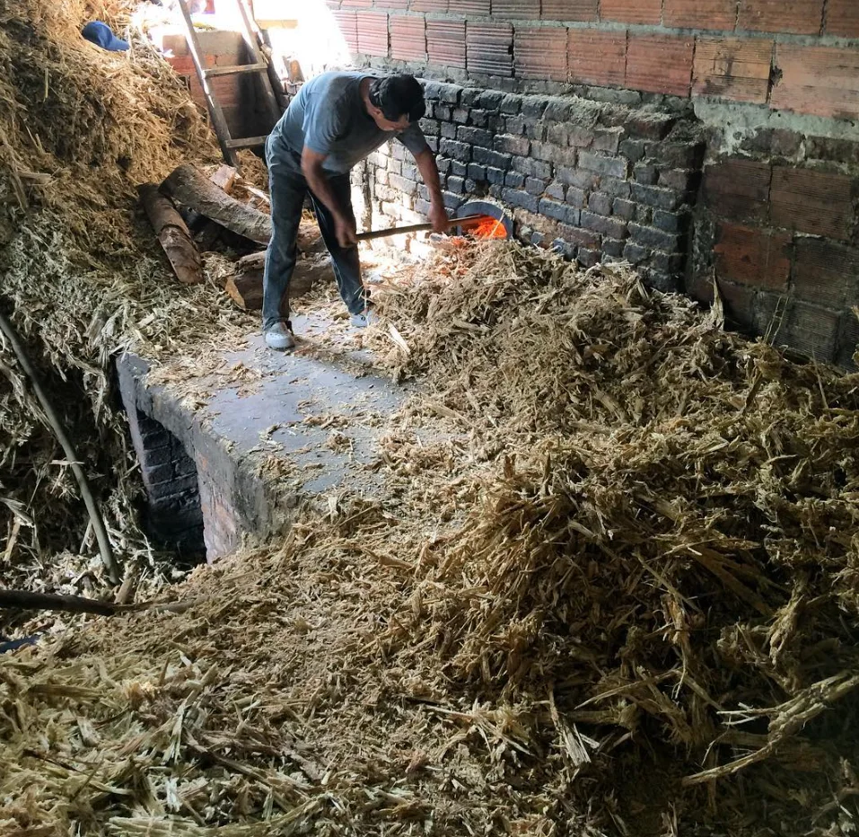 Worker using a shovel to handle bagasse beside the cane mill furnace.