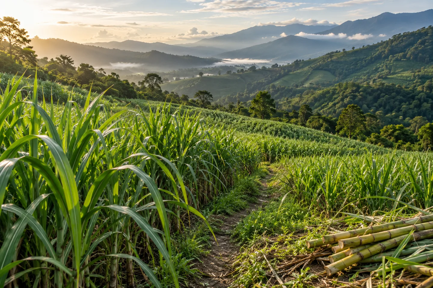 Sugarcane crop in a mountain landscape.