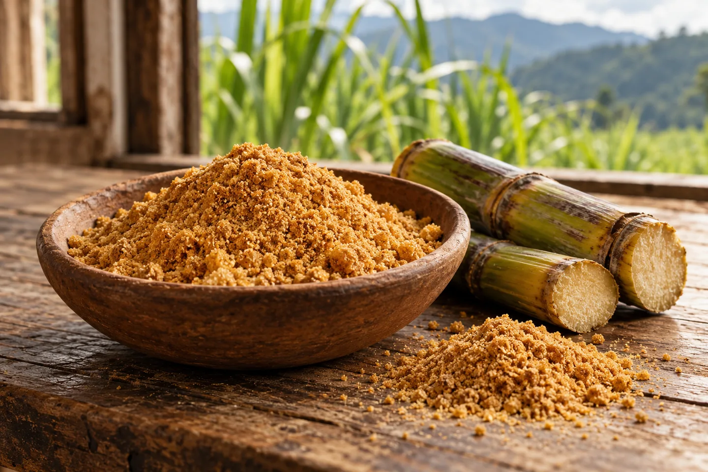 Granulated panela beside sugarcane stalks.
